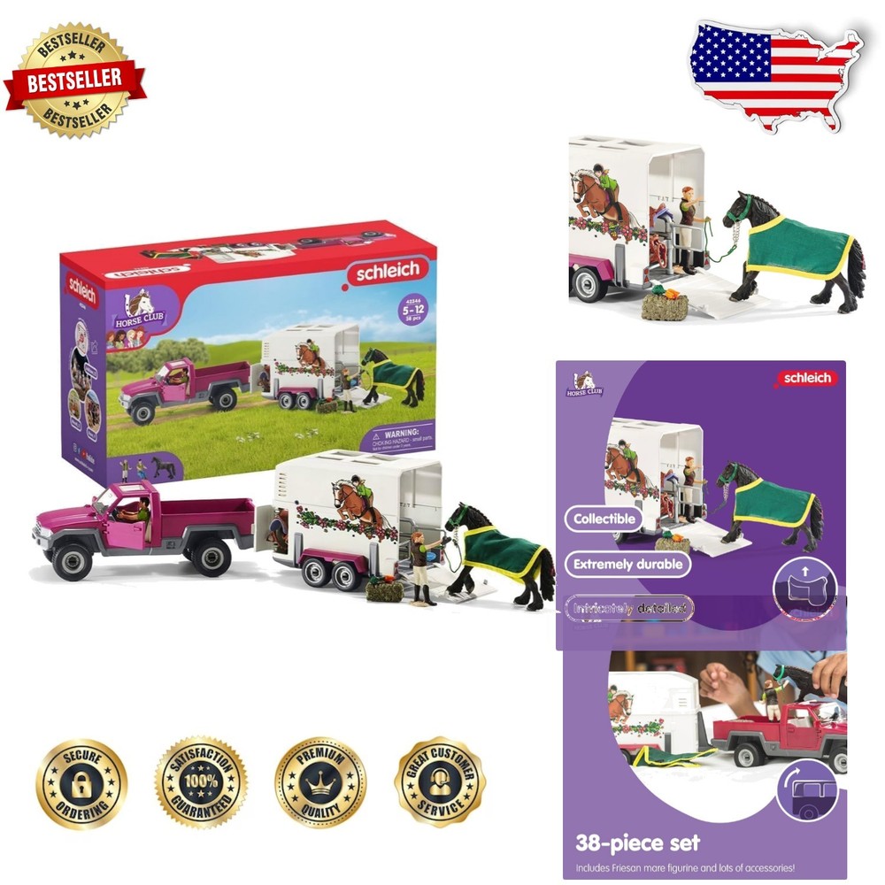 Kids Horse Club Truck Trailer 38pc – Realistic Animal Toy, Groomer, Saddle