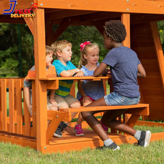 Skyfort II Cedar Wood Swing Set with Wave Slide Raised Clubhouse Outdoor Playset