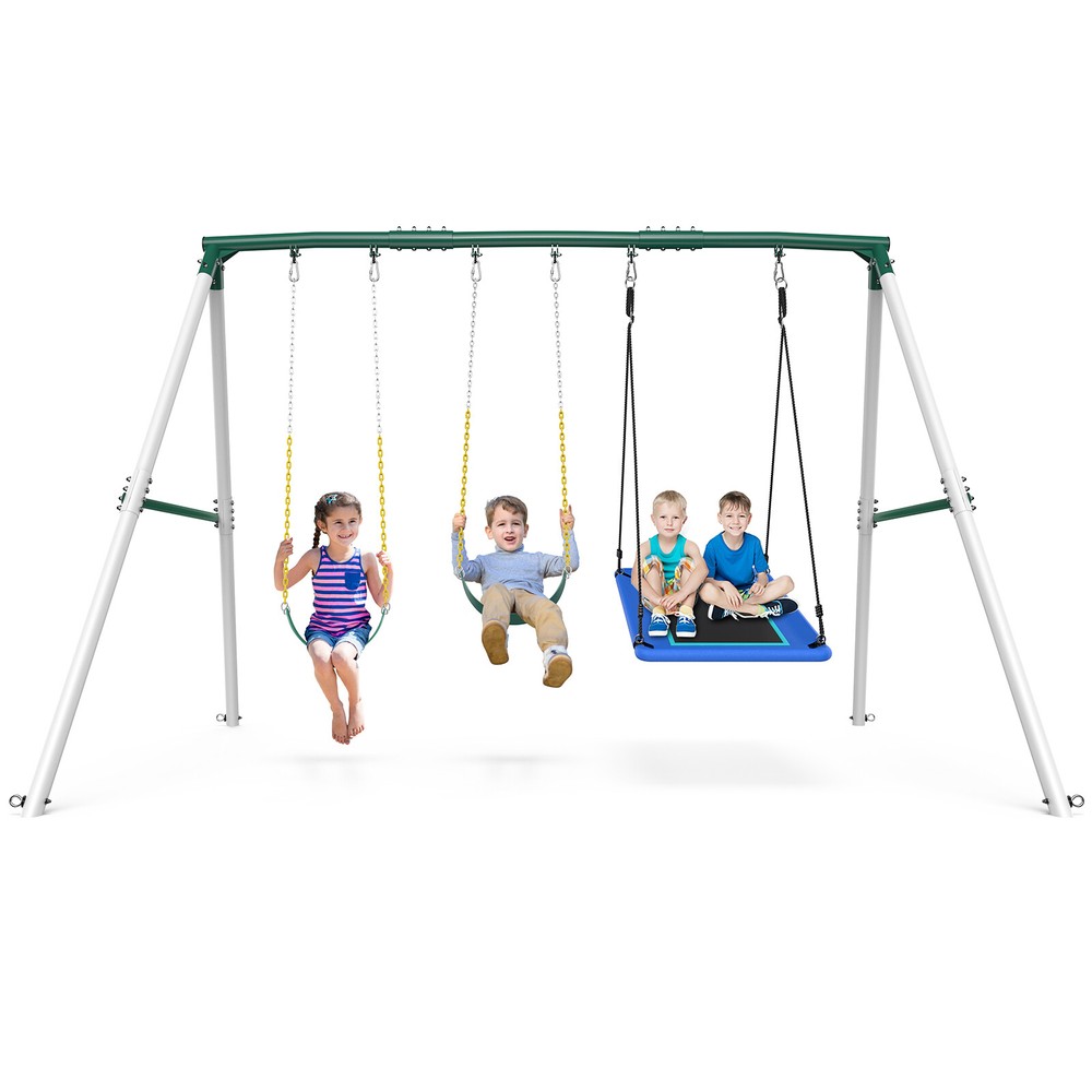660lbs 7.3ft Heavy-Duty Metal Frame Swing Set for Backyard Kids Adult w/3 Swings