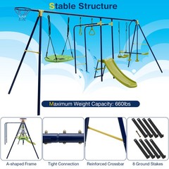 7-in-1 Kids Swing Combo Set w/ Adjustable Ropes & 8 Ground Stakes for Outdoor