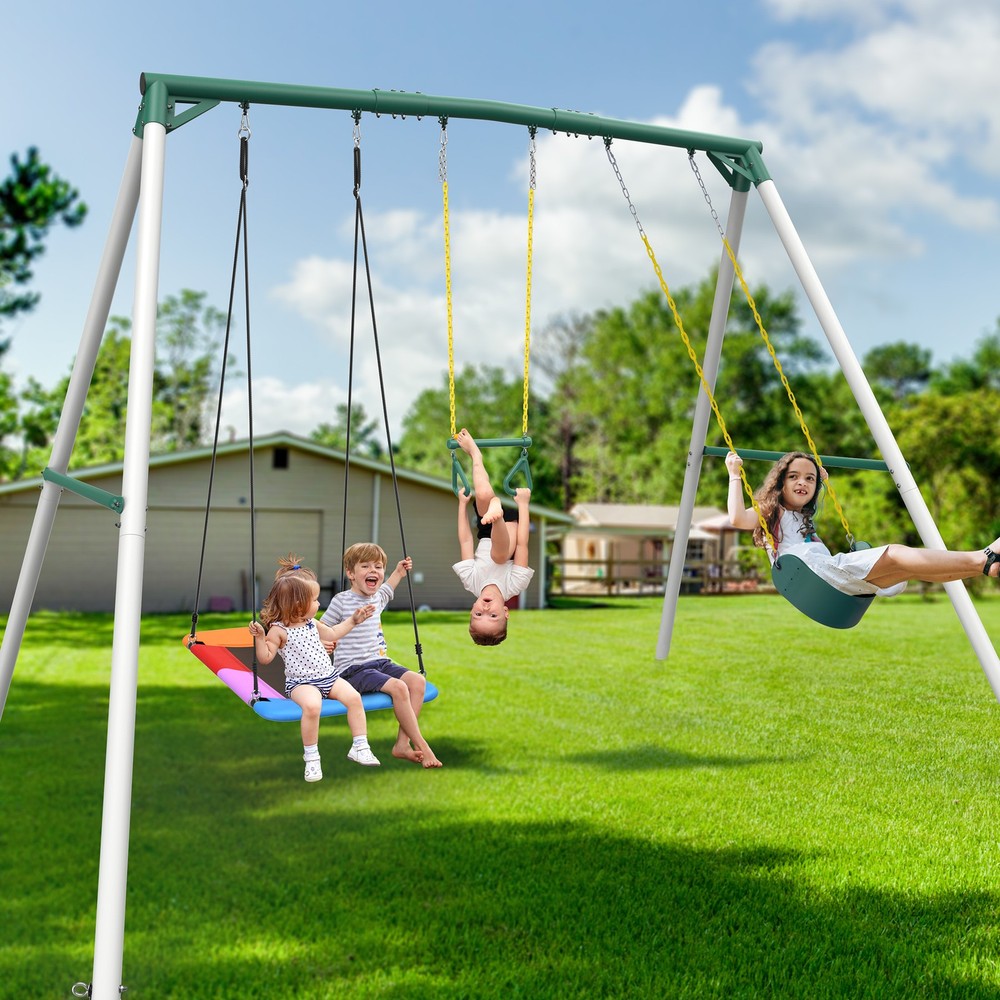 Hapfan 700lb Heavy Duty 9.5ft Metal Swing Set Backyard with 3 Swings Trapeze Bar
