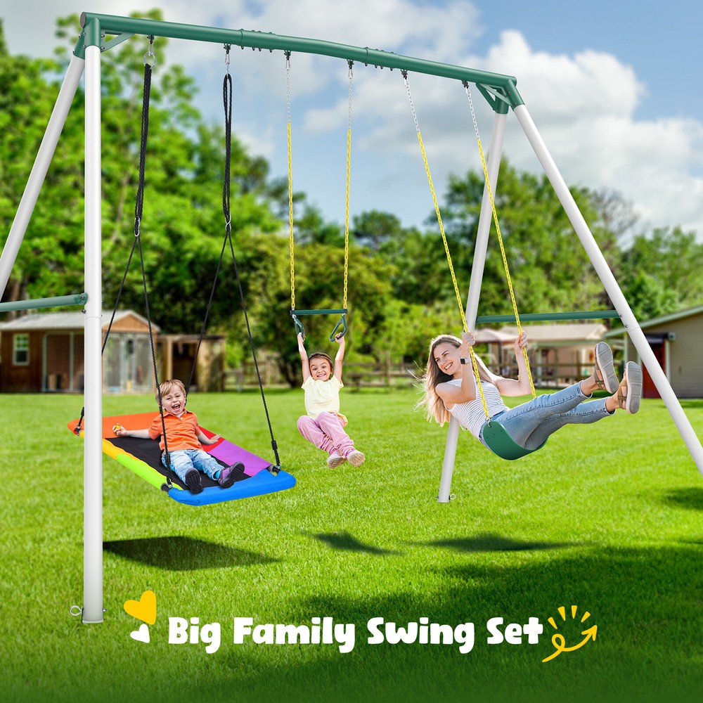 700lbs 9.5ft Tall Heavy Duty Metal Swing Set w/Three Swings Trapeze Bar for Kids