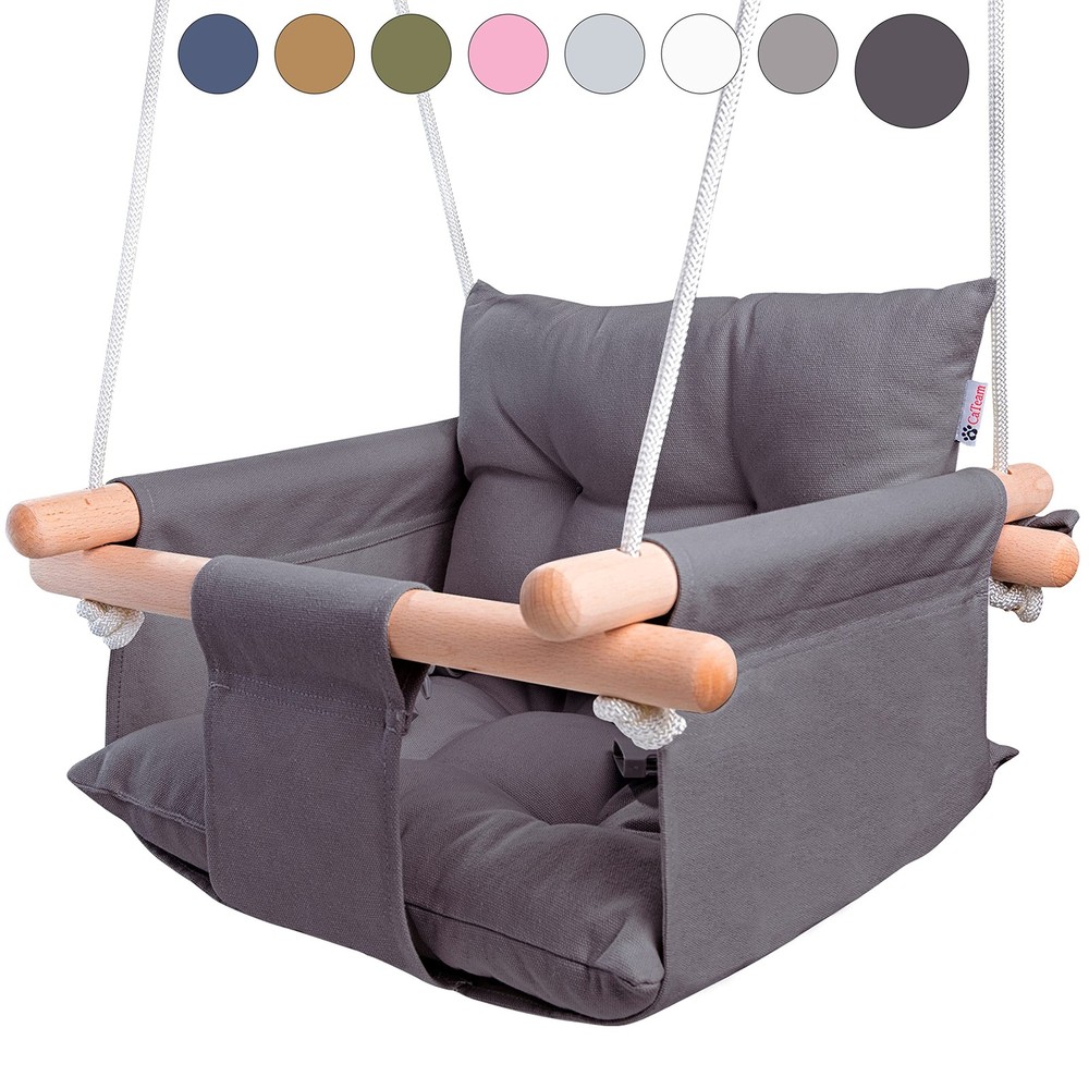 Canvas Baby Swing Seat with 5-Point Safety Belt — Wooden Hanging Toddler Swin…