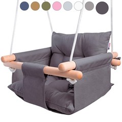 Canvas Baby Swing Seat with 5-Point Safety Belt — Wooden Hanging Toddler Swin…