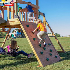 Endeavor Cedar Wood Swing Set with Wave Slide Play Deck Double Rock Wall Rope
