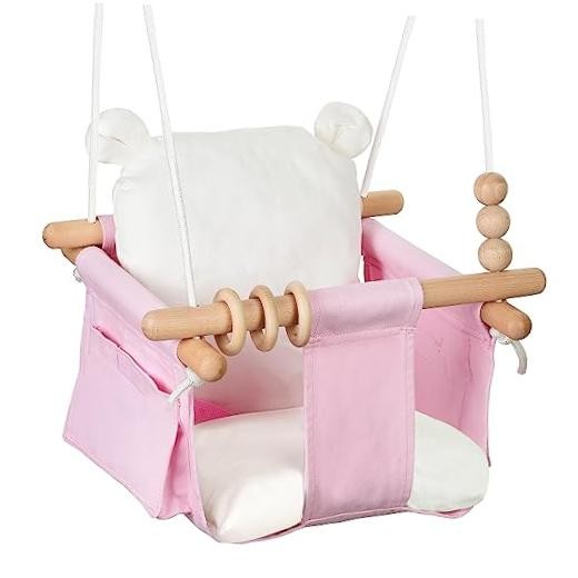 Indoor Baby Swing Wooden Baby Hanging Swing Chair Canvas Baby Pink and White