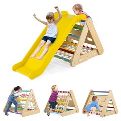 4 in 1 Wooden Climbing Set w/ 3-Side Triangle Climber & Sliding Board Multicolor