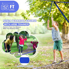 Ninja Warrior Obstacle Course for Kids Backyard-65Ft Slackline Kit with 13 Obsta