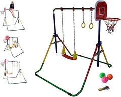 4-in-1 Kids Jungle Gym: Monkey Bar, Deluxe Swing Set, Trapeze Rings, Basketball