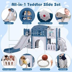 All in 1 Toddle Slide Playset Freestanding Kids Slide w/ Tunnel Basketball Hoop