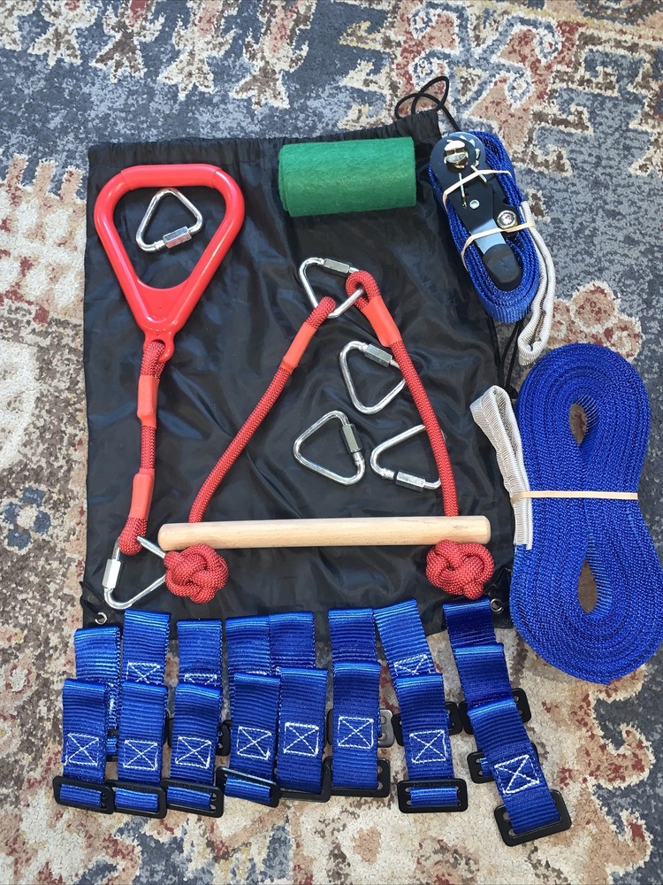 Ninja Warrior Obstacle Course for Kids – 50ft Slackline, 17 Removable Buckle