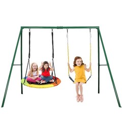 440lb Metal Swing Set Kids Adult Backyard Playset with 2 Swings Heavy Duty Frame