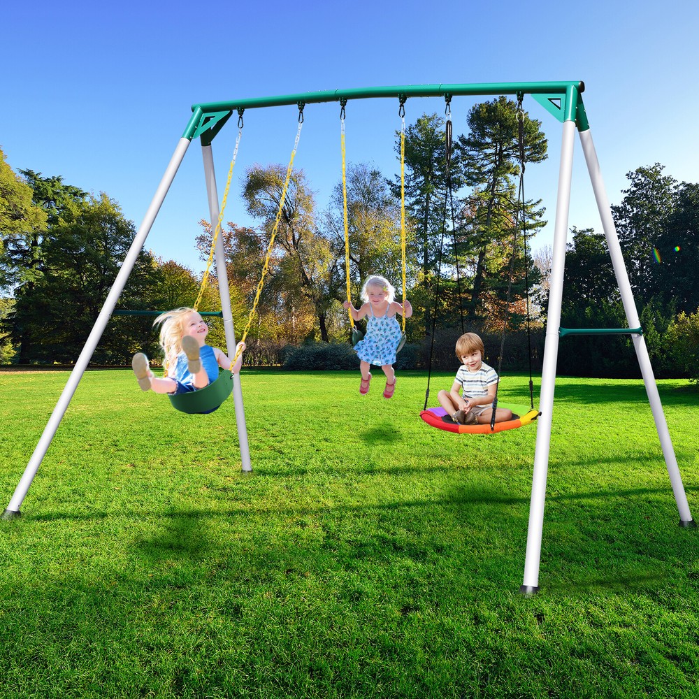 700lb 9.5′ Heavy Duty Metal Swing Set for Backyard Kids Adult Play with 3 Swings