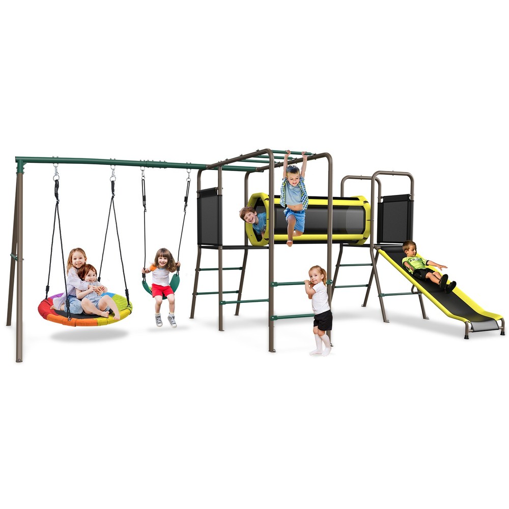 Large Metal Swing Set with 2 Swings, Tunnel, Slide,Climbing Ladder Monkey Bars