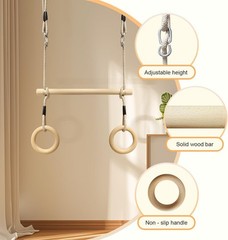 Wood Trapeze Swing Bar with Gymnastic Rings，Warrior Accessories for Obstacle C