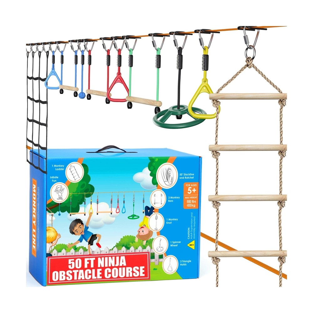 Ninja Warrior Obstacle Course for Kids – 2 x 50 ft – Up to 880 Lbs – 10 Weath…