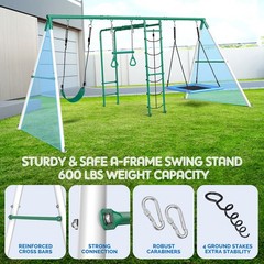 Heavy Duty Metal Swing Set Playground Set for Backyard w/Monkey Bar Climbing Net