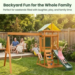 Wooden Swing Set Outdoor Kids Slide Backyard Playground Playset Rock Chalk Wall