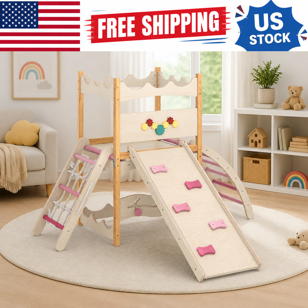 6-in-1 Wooden Play Gym Climber with Slide, Swing, Rock Wall, Rope Ladder Indoor