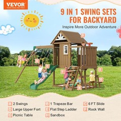 Complete Wooden Swing Set 9IN1 Outdoor Featuring 6ft Slide Upper Hideout