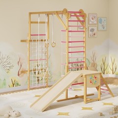 Wooden Kids Indoor Jungle Gym 8 in 1 Climbing Structure Slide Swing Monkey Bars