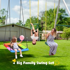 700lbs 9.5ft Heavy Duty Large Metal Swing Set Kids Adults Backyard with 3 Swings