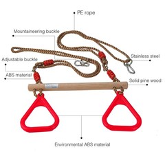 PELLOR Playground Children’s Wooden Trapeze Swing Bar with Plastic Gym Rings Swi
