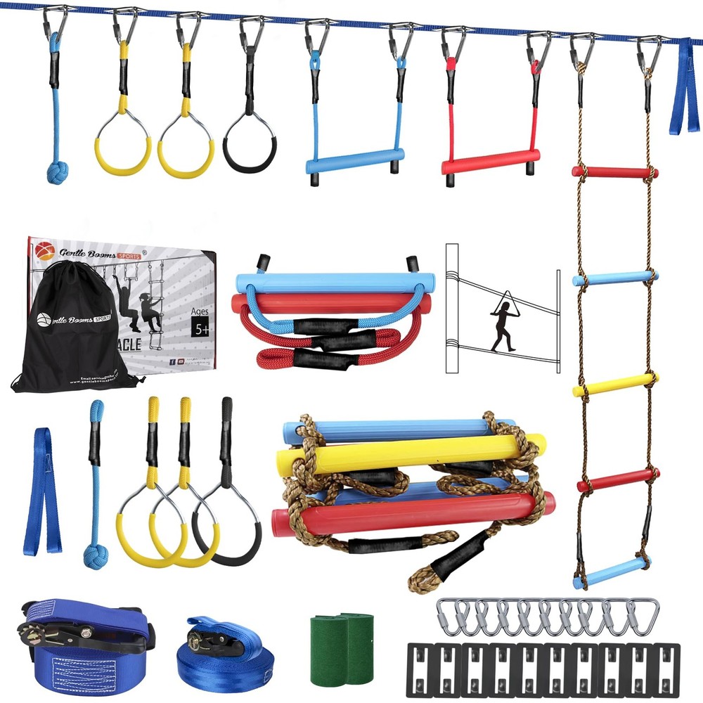 Ninja Warrior Obstacle Course for Kids – 2*56FT Slackline Kit with 8 Obstacle…