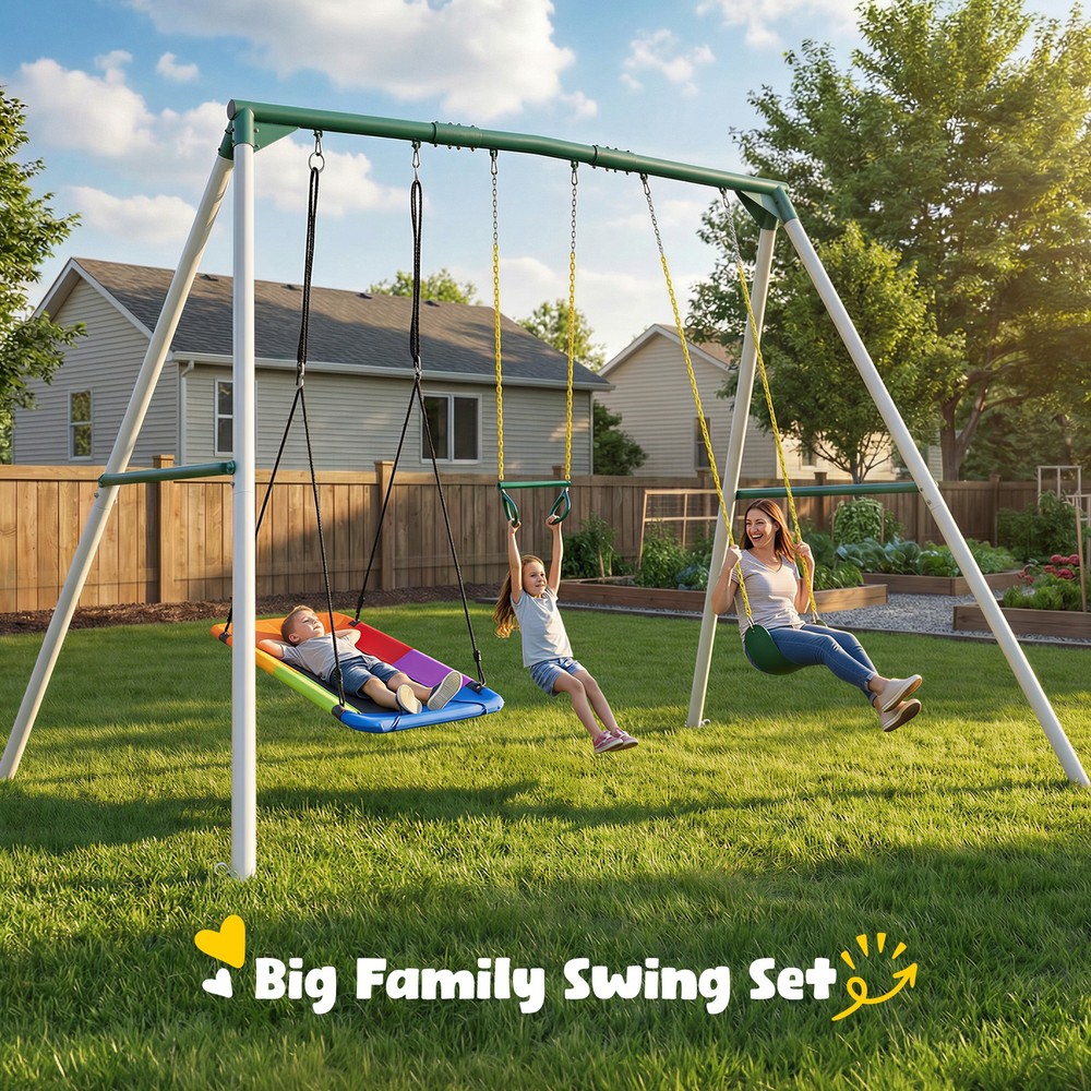 9.5ft Tall Heavy Duty Frame Metal Swing Set for Kids Adult Outdoor with 3 Swings