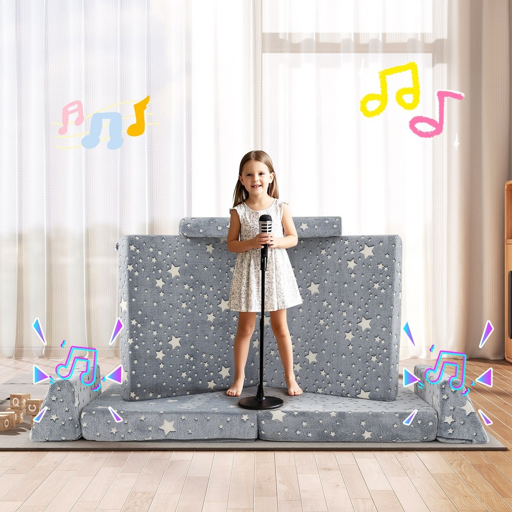 8 Pieces Modular Kids Play Couch Glow in Dark Toddler Sectional Sofa Gray Foam