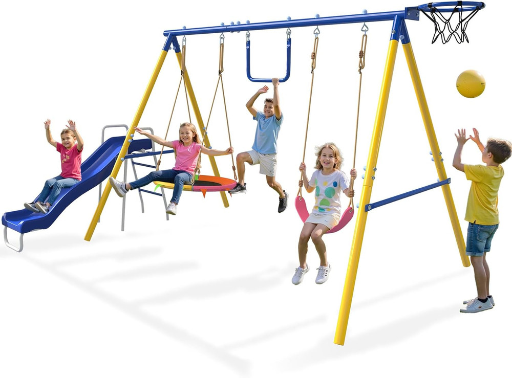 5-in-1 Kids Swing Set with Slide, Saucer, Trapeze & Basketball Hoop