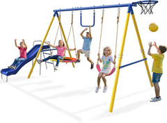 5-in-1 Kids Swing Set with Slide, Saucer, Trapeze & Basketball Hoop