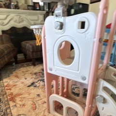 Pink and White Indoor Kids Slide with Basketball Hoop and Telescope for Ages 1-4
