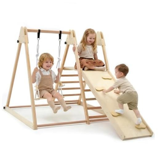 Indoor Jungle Gym 4 in 1 Foldable Toddler Wooden Montessori Baby Natural