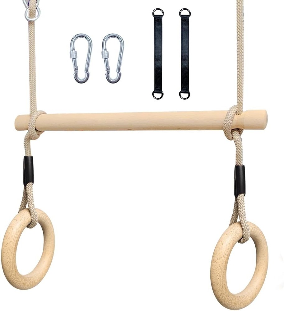 Wood Trapeze Swing Bar with Gymnastic Rings，Warrior Accessories for Obstacle C