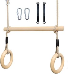 Wood Trapeze Swing Bar with Gymnastic Rings，Warrior Accessories for Obstacle C