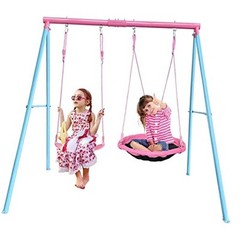 440lbs 2 Play Stations Swing Sets for Backyard, 1 Saucer Tree Swing 32 inch, 1