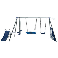 Outdoor Swing Set 6 Functions w/ Net, Slide, Glider Ages 3+ 440lb