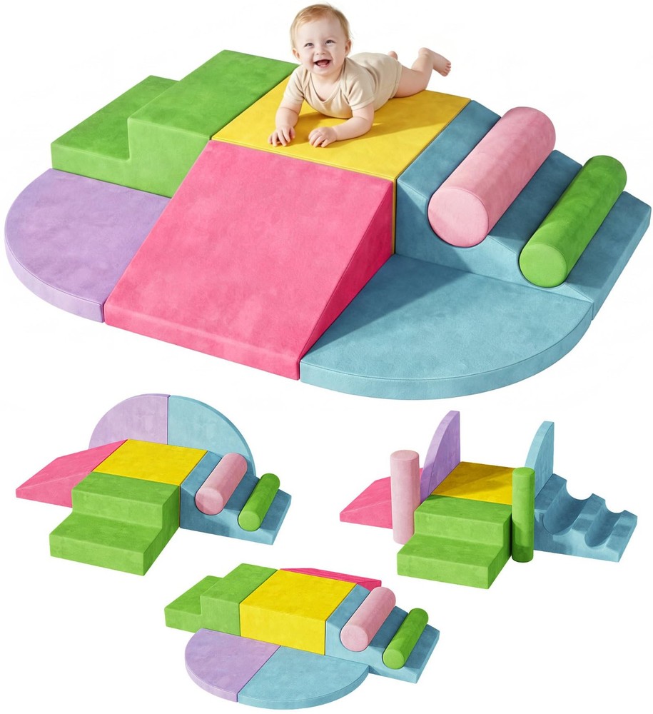 Teckid Toddler Climbing Toys 8-Piece Indoor Soft Foam Blocks Set, Safe Crawling,