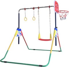 Deluxe 4-in-1 Kids Jungle Gym Set: Climb, Swing, Rings, Basketball Net