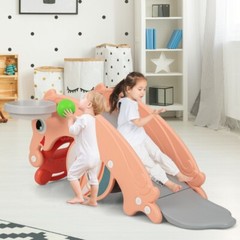 3 x 1 Kids Slide Rocking Horse Set Convertible Toddler Slide w/ Basketball Hoop