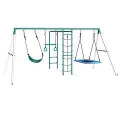 Heavy Duty Metal Swing Set Playground Set for Backyard w/Monkey Bar Climbing Net