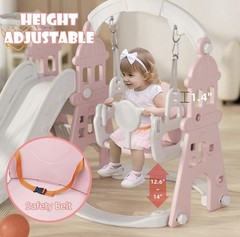 5-in-1 Pink & White Kids Playset: Slide Swing Climber Basketball Hoop Soccer