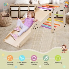 2-Piece Indoor Wooden Montessori Climbing Toys with DIY Climber, Slide & Seesaw