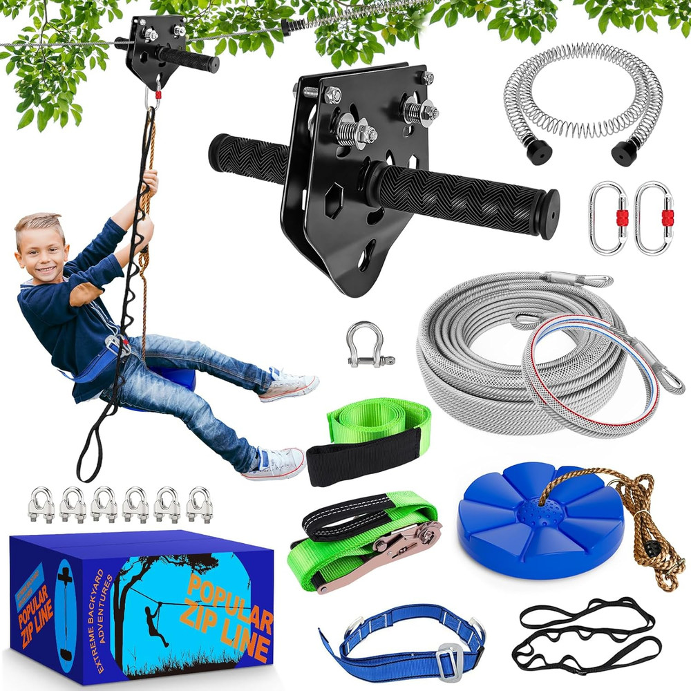 Zip Line Kit for Kids and Adults Outdoor: up to 500Lbs – 200FT Quick Tighten Zip