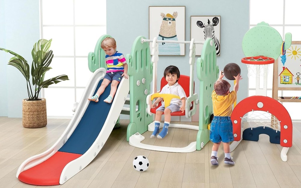 7-in-1 Cactus Design Toddler Slide & Swing Set for Indoor/Outdoor Play, Age 1-3