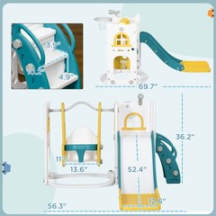 6 in 1 Toddler Slide and Swing Set w/ Basketball Hoop Climber Yellow Refurbished